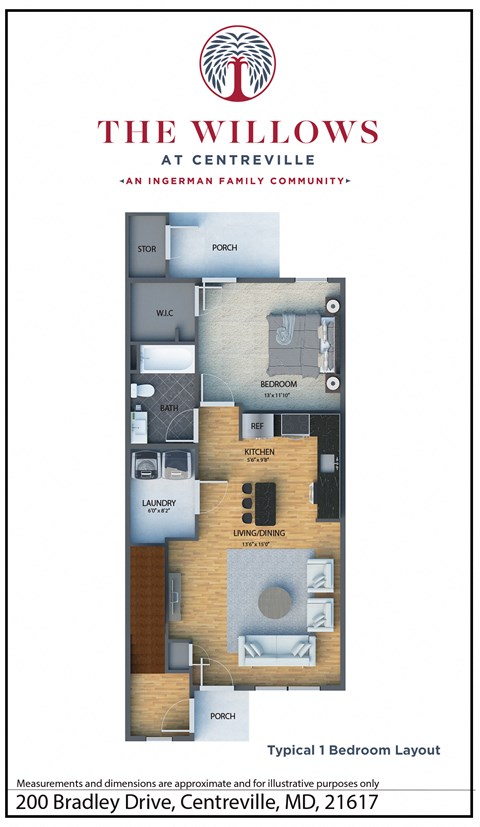 Floor plan for 1 bed, 1 bath